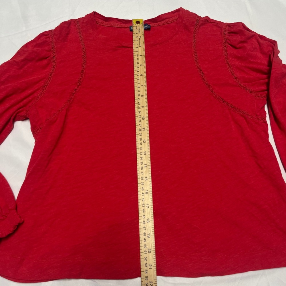 Democracy Womens Red Slub Knit Crochet Lace Trim Puff Sleeve Top Size L - Picture 2 of 6